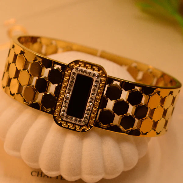 Luxury Gold-Plated Bracelet with Black Stone & Crystal Detailing