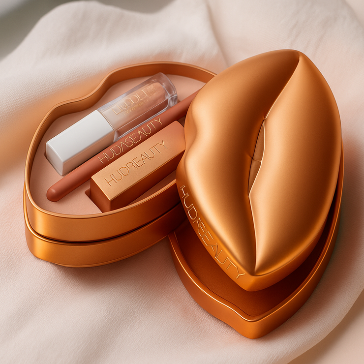 HUDA BEAUTY Lip Set – Luxury Lipstick, Gloss & Lip Liner in Lip-Shaped Case
