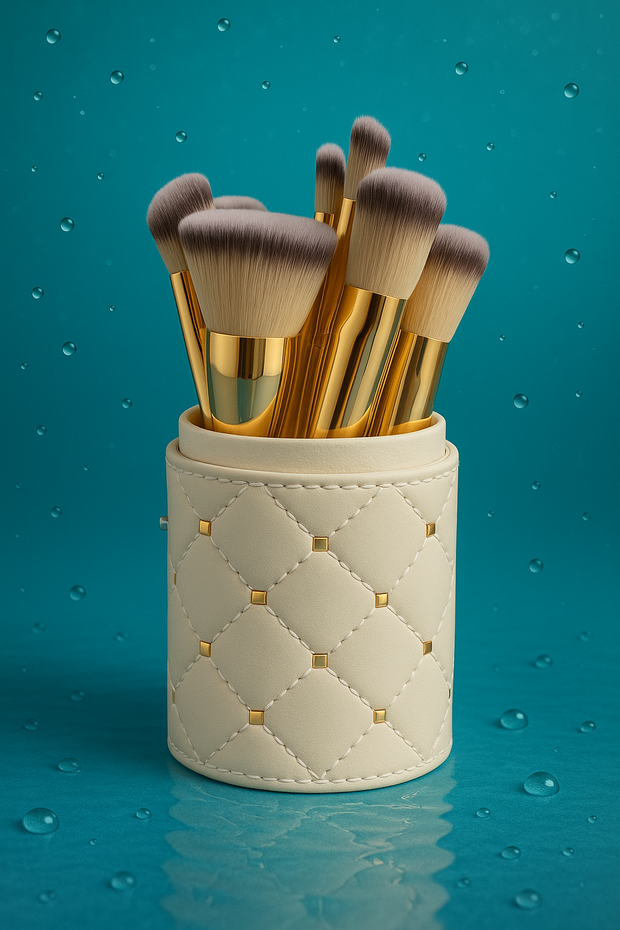 Luxury 10-Piece Gold Makeup Brush Set with Quilted Leather Holder