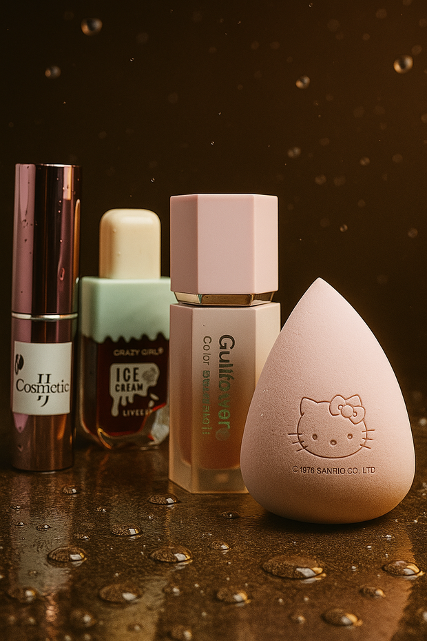 4-in-1 Premium K-Beauty Makeup Set – Lip Tint, Foundation, & Hello Kitty Blender