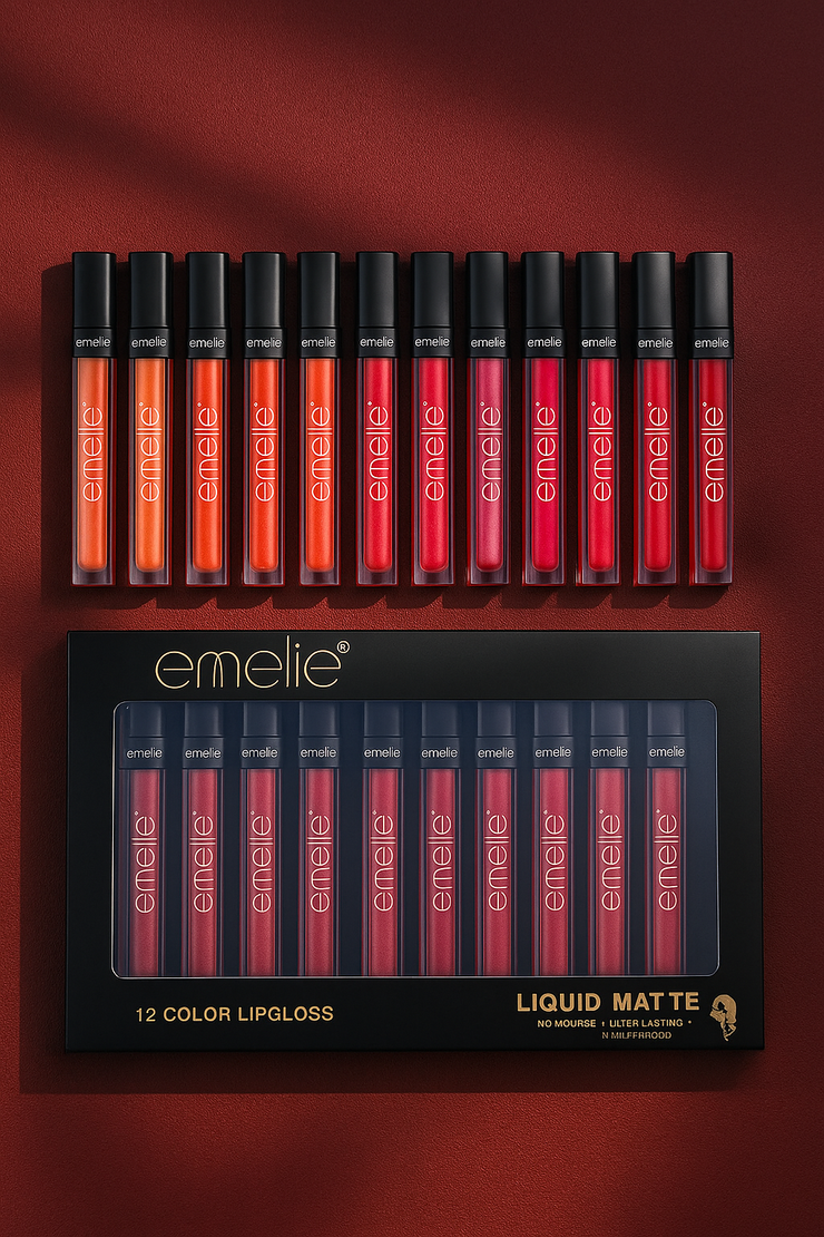 Emelie 12-Color Liquid Matte Lip Gloss Set – Long-Lasting, Waterproof