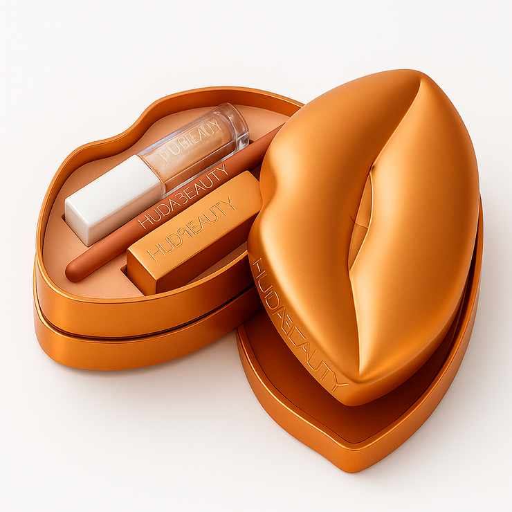 HUDA BEAUTY Lip Set – Luxury Lipstick, Gloss & Lip Liner in Lip-Shaped Case