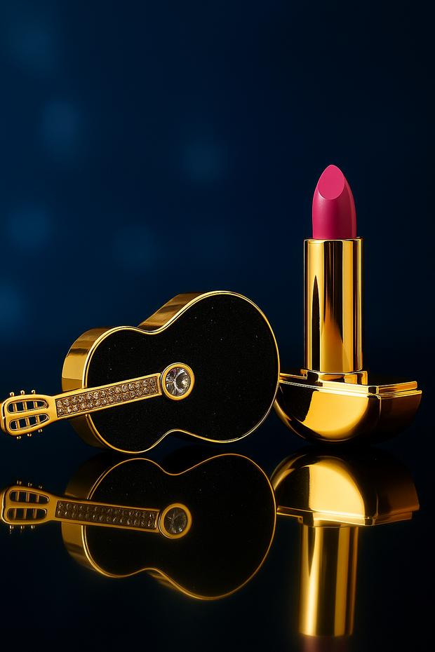 Guitar-Shaped Luxury Lipstick Case with Bright Fuchsia-Pink Lipstick