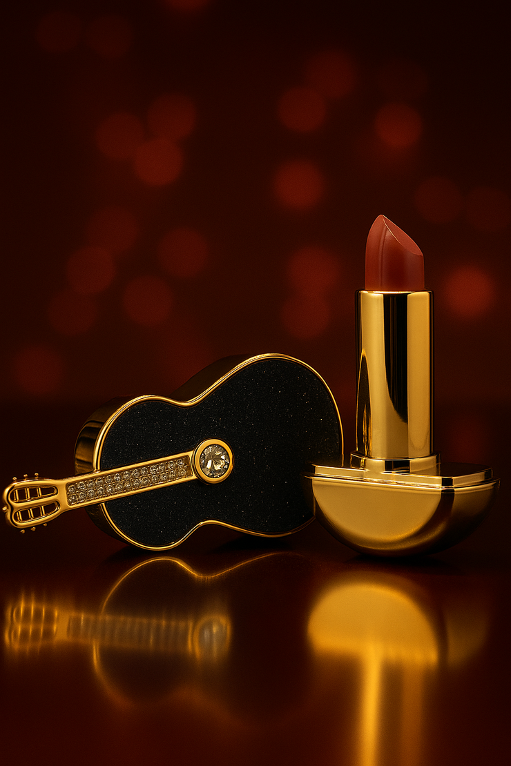 Guitar-Shaped Luxury Lipstick Case with Classic Red-Brown Lipstick