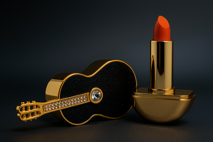 Guitar-Shaped Luxury Lipstick Case with Vibrant Orange Lipstick