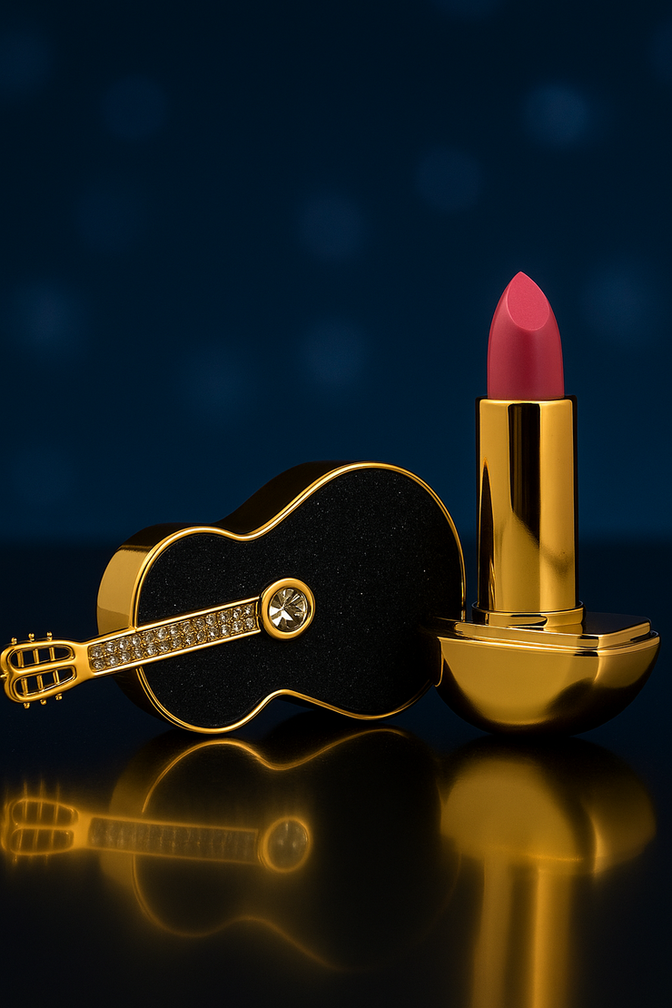 Guitar-Shaped Luxury Lipstick Case with Soft Rose-Pink Lipstick