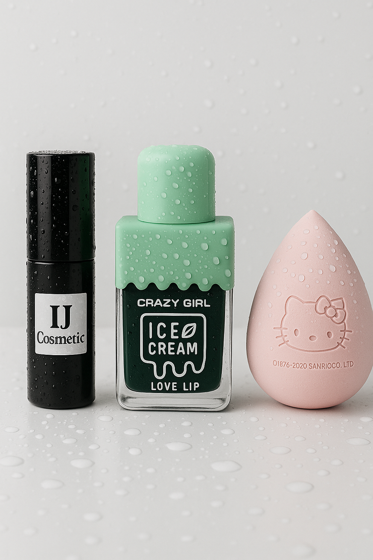3-in-1 Waterproof Makeup Essentials Set – Lip Tint + Ice Cream Lip Oil + Hello Kitty Blender