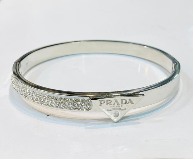 Elegant PRADA Milano Crystal-Embellished Silver Bangle Bracelet