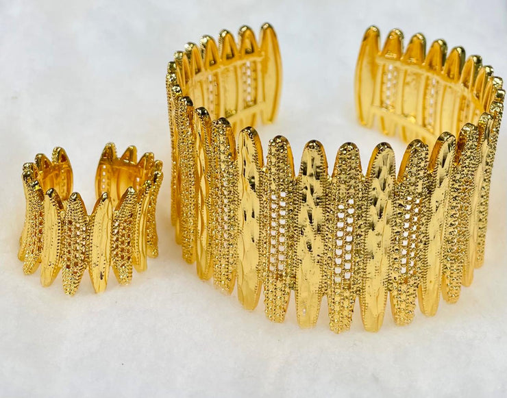 Elegant Textured Gold-Plated Cuff & Ring Set