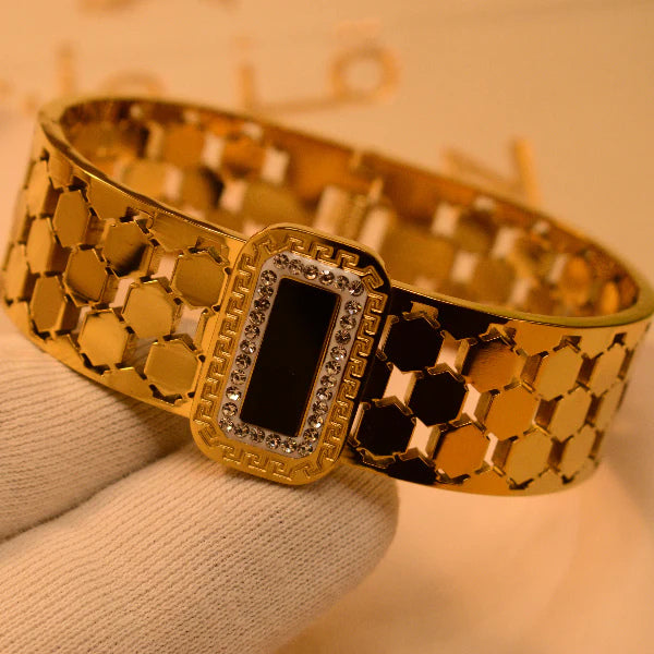 Luxury Gold-Plated Bracelet with Black Stone & Crystal Detailing